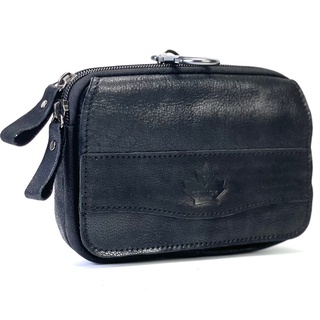 Chinatown leather กระเป๋าหนังแท้ใส่มือถือฝาหน้าสีดำซิปคู่เข้มiphone6-7-8พลัสได้ 3 เครื่อง
