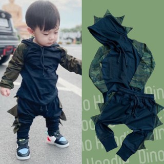 PB506 PDino camo hoodie แขนยาวเบสบอลแขนทหาร พร้อมฮู้ดหนาม #ชุดเด็ก