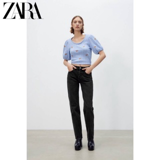 เสื้อคอกลมผ้าไหมพรมปักดอกไม้  เเขนพองนิดๆ zara mo