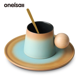 Oneisall ชุดถ้วยกาแฟเซรามิค และจานแก้ว สไตล์เรโทร ขนาด 230 มล. สําหรับชา นม สํานักงาน และครัวเรือน