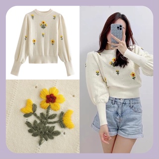 🌼เสื้อไหมพรมแขนยาวปักลายดอกไม้สีเหลือง🌛สินค้าพรี