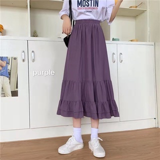 🌸S~2XL กระโปรงทรงเอเอวสูงทรงหลวมสีม่วง ทรงเอ ยาวปานกลาง