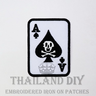 ตัวรีดติดเสื้อ ลายไพ่ หน้าไพ่ เอซ โพธิ์ดํา กะโหลก Skull Ace of spade Poker card Patch งานปัก WOP DIY ตัวรีด อาร์มติดเสือ