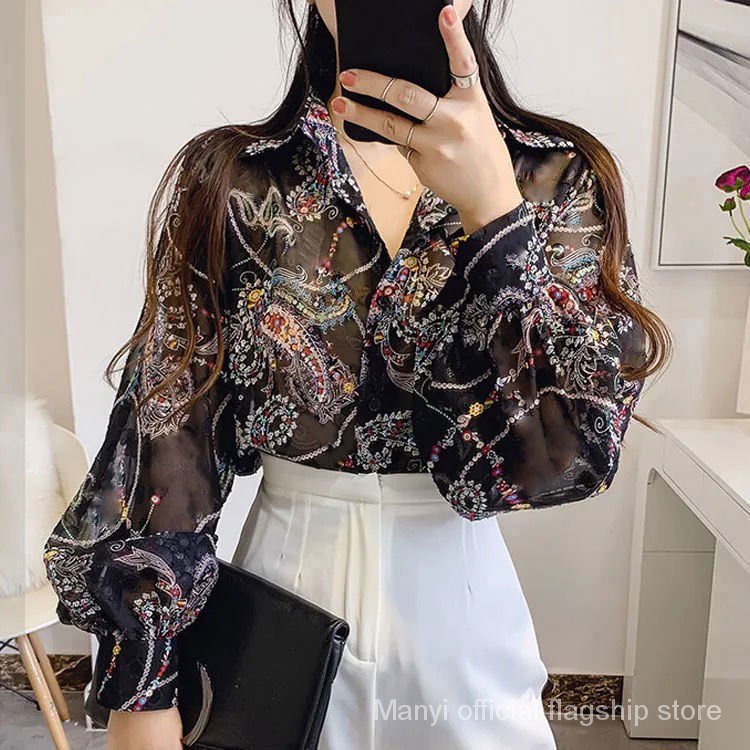 Rophie 【เสื้อเชิ้ตแขนยาว】ผ้าป้องกันแสงแดดเพศหญิง2022ฤดูร้อนใหม่อารมณ์พิมพ์โคมไฟแขนเสื้อชีฟองลายดอกไม้สำหรับ SC8230