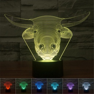 โคมไฟตั้งโต๊ะ LED รูปกระทิง 3D ไล่โทนสี 7 สี ชาร์จ USB