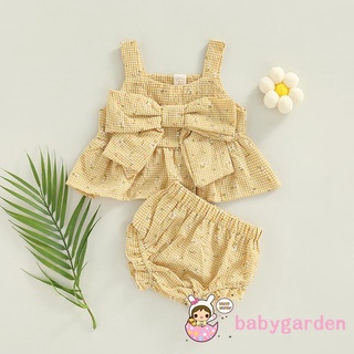 Babygarden-0-18 เดือน ชุดเด็กผู้หญิง แขนกุด ลายสก๊อต โบว์ ตกแต่งยกทรง + กางเกงขาสั้น เอวยางยืด