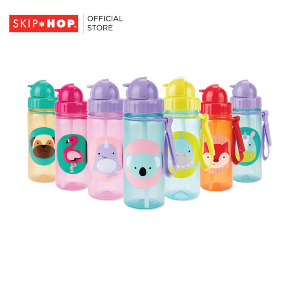 Skip Hop Zoo Straw Bottle กระติกน้ำเด็ก 13 oz พร้อมหลอดดูด มีสายคล้อง พกพาง่าย BPA Free