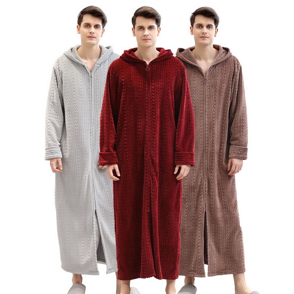 Mens Zipper Fleece Robe with Hood Soft Full Length Long Bathrobe Coat ...