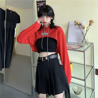 พร้อมส่ง ราคาถูกที่สุด เสื้อแจ็คเก็ต + เสื้อนักเรียนทรงหลวมสั้นมีฮู้ดสไตล์เกาหลี