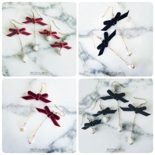 Korea Minimal Cute Ribbon Pearl Clip Earrings ต่างหู ตุ้มหู ต่างหูหนีบ เกาหลี มินิมอล ประดับ โบว์ สี แดง ดำ มุก น่ารัก