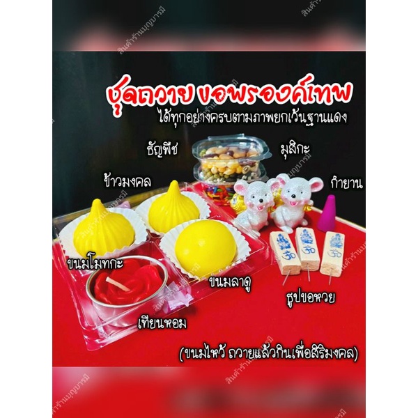 ชุดมั่งมี 12 ชิ้น ชุดถวายพระพิฆเนศหนู ชุดถวายพระพิฆเนศ มุสิกะ 1 นิ้ว ข้าวมงคล ธัญพืช กำยาน ขนมลาดู โมทกะ ธูป