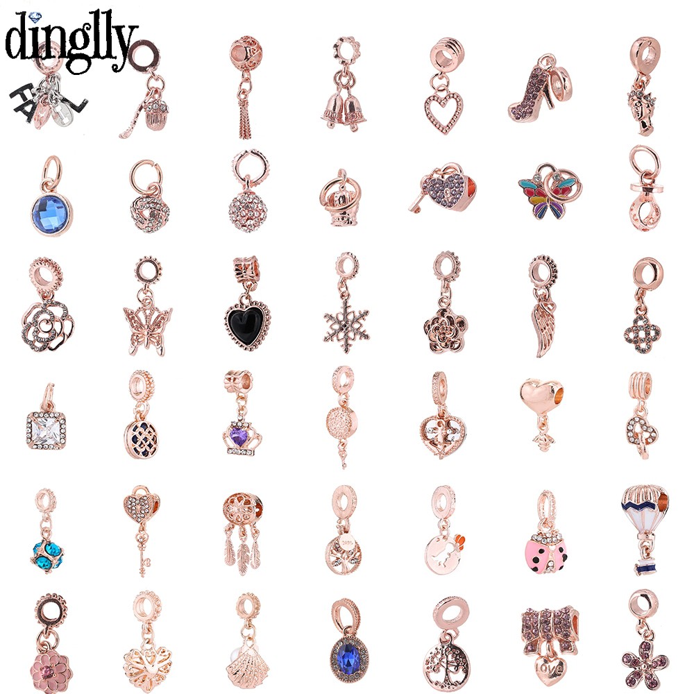 Dinglly โรสโกลด์ ห้อย จี้ ลูกปัด พอดี สร้อยข้อมือ สําหรับผู้หญิง กําไลข้อมือ ของแท้ และสร้อยคอ เครื่องประดับ จี้ ลูกปัด