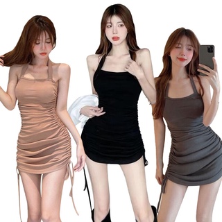 Womens Halter Bodycon Dress, Sleeveless Open Back Solid Color Ruched Drawstring Mini Dresses