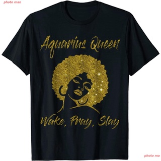 2022 ราศีกุมภ์ ผู้ชายและผู้หญิง กลุ่มดาว ผู้ชาย เสื้อยืด Aquarius Zodiac Queen Wake Pray Slay Birthday T Shirt Women เสื