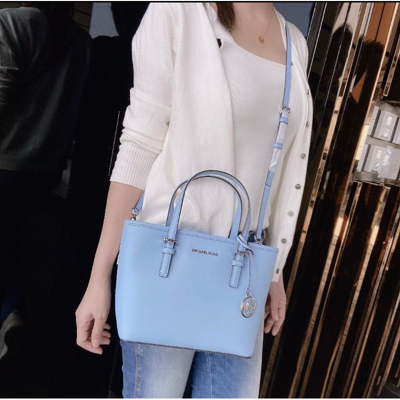 🎀 (สด-ผ่อน) กระเป๋าชอปปิ้ง สีฟ้า Lt Sky มีซิปบน 35T9GTVT0L Michael Kors Tote mini MK Casual Style 35