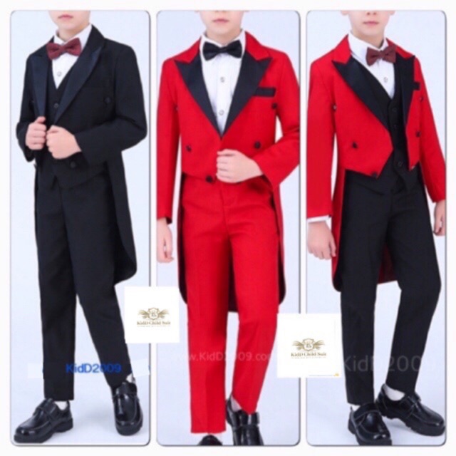 ชุดทักซิโด้ สีดำ สีแดง สีแดงดำ เนื้อดี ทรงสวย เซท 4-5 ชิ่น กางเกงเอวยืดปรับระดับ ขนาด 110, 120, 130, 140, 150, 160, 170