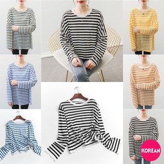 🎀Korean Fashion🎀เสื้อยืดแขนยาวลายทาง ทรงใหญ่ ใส่สบาย หน้าหนาว ผ้านิ่มเด้ง 5 สี