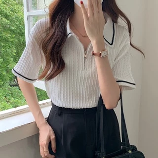 Suxi เสื้อโปโลแขนสั้น คอปก ทรงหลวม สีพื้น เข้ากับทุกการแต่งกาย แบบเรียบง่าย แฟชั่นฤดูร้อน สําหรับผู้หญิง