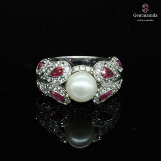 แหวนทับทิมเผาเก่า มุกน้ำจืด และ white sapphire ขนาด 54