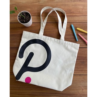 Polka DOT Coin Tote Bag(สีขาวครีม) กระเป๋าผ้าแคนวาส ลายเหรียญคริปโต บิตคอยน์ Canvas