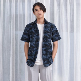 Mr.689 เสื้อเชิ้ตผู้ชายแขนสั้น ลายพราง Navy Blue Camouflage สีกรมน้ำเงิน