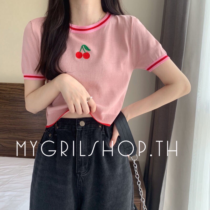 MYGRILSHOP.TH เสื้อถักสีหวานลายเชอรี่6232