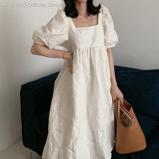 Hot sale! เดรสคอเหลี่ยมสีขาวสไตล์ฝรั่งเศสแขนพัฟ