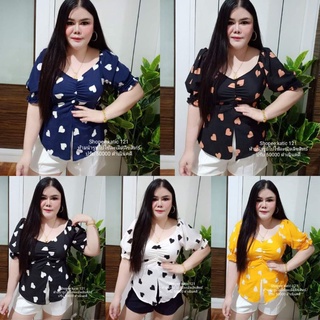 เสื้อลายหัวใจ💓ย่นอกผ่าหน้า ผ้าวูลพีช อก34-44 ยาว22