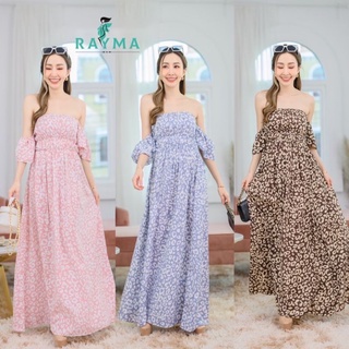 Maxi Dress ปาดไหล่ ผ้าวูลพีชพิมพ์ลาย มียางยืดสม็อครอบอก และ แขน พร้อมส่งสี : 3 สีตามแบบคะ