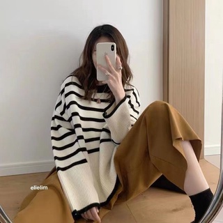 Womens striped knit shirt loose lazy pullover long sleeve sweater