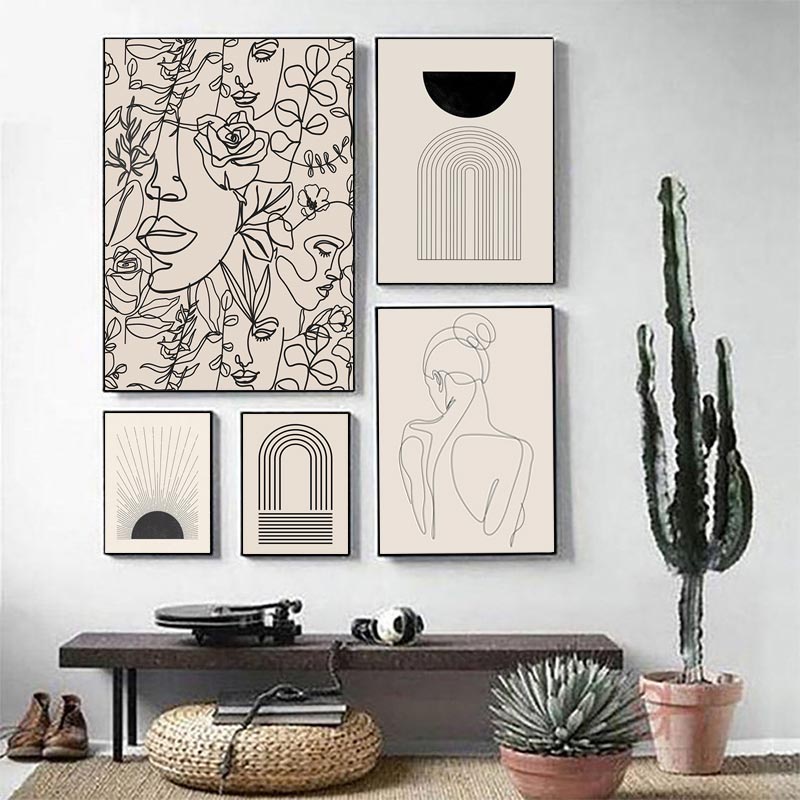 Boho บทคัดย่อเส้นผู้หญิงโปสเตอร์ใบหน้าดอกไม้ยุคกลางผ้าใบภาพวาด Wall Art พิมพ์ภาพห้องนั่งเล่นตกแต่งบ้าน