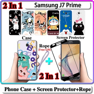 2 IN 1 เคส Samsung J7 Prime เคส พร้อมกระจกนิรภัยโค้ง ป้องกันหน้าจอเซรามิค แมวและโดราเอมอน