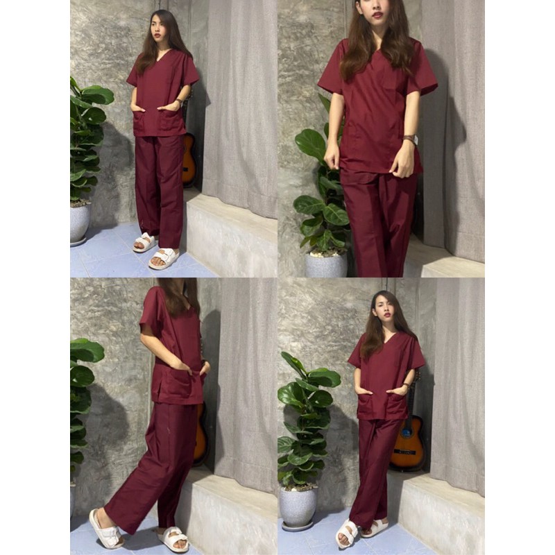 ชุดสครับสีเลือดหมูล้วน สินค้าพร้อมส่ง( รับปักชื่อฟรี )