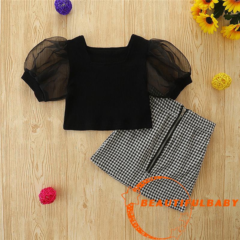Bღbღtoddler Girls Summer Outfit Set Black Short Puff Sleeve Square Neck Tops + Houndstooth A-line Skirt