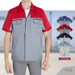 เสื้อช็อป เสื้อช็อปช่าง แขนสั้น แบบซิป สีเทาเข้ม-แดง TFB Workwear