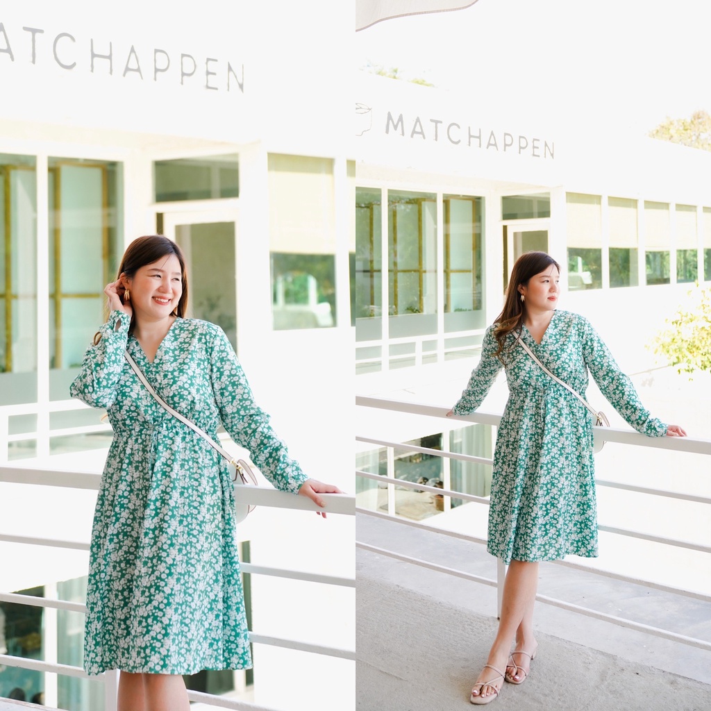 (❤️อกถึง 46") Greenish Bloom Dress เดรสสาวอวบ ชุดสาวอวบ