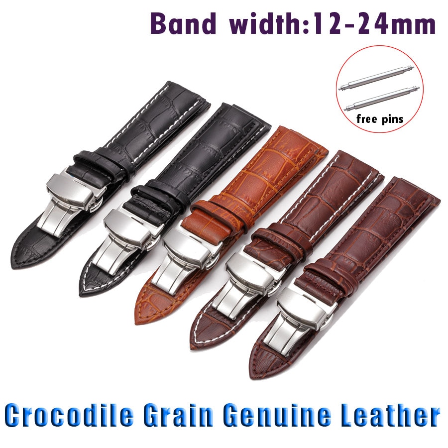 Crocodile Genuine Leather Watch Band 14 15 16mm 17 18mm 19mm 20mm 21mm 22mm 24mm Watch Strap Butterfly Buckle Watchband