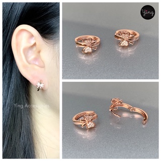 🎀ต่างหูห่วงเล็กเพชรโบว์ สี Pink Gold  ขนาด 1 cm