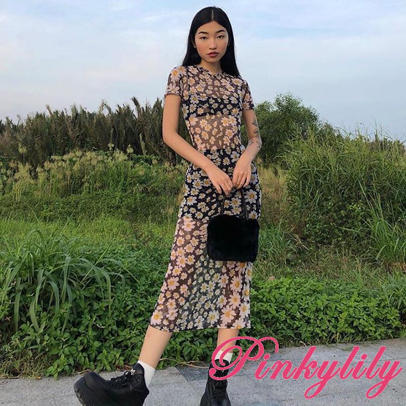 Pink-ชุดเดรสคอกลมแขนสั้นพิมพ์ลายดอกเดซี่สีชมพูสําหรับผู้หญิง