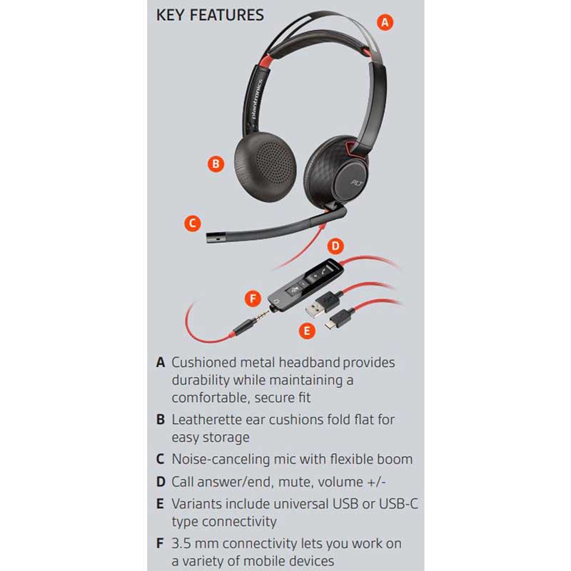 POLY BLACKWIRE 5220 STEREO USB HEADSET + 3.5mm PLUG
