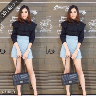 8110 เซ็ต 2 ชิ้น เสื้อแขนยาวผ้าโฟเวย์สีพื้นคอปีน+กางเกงขาสั้น