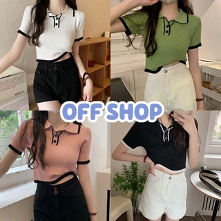 OFF SHOP พร้อมส่ง (OFF-9198) เสื้อไหมพรม คอปกแขนสั้น ผ้าร่องนิ่มใส่สบาย