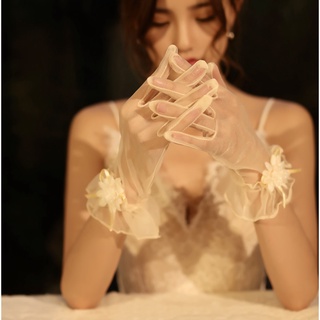 Bridal Wedding Dress Gloves White Accessories Wholesale White  Short Small Flower Five Fingers Goth Transparent Mesh Gloves