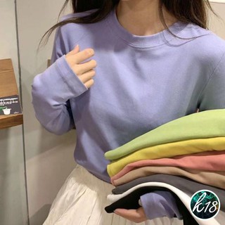 K18💜Korean เสื้อยืดสีพื้น คอกลมแขนยาว 9 สี