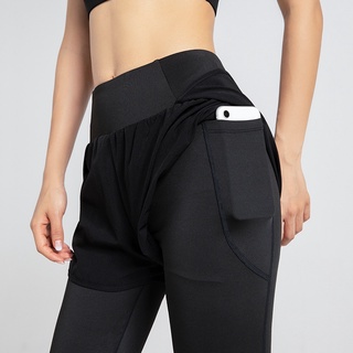 Fake Sports Two-piece Pocket Pants Yoga Tights Womens High-waist Elastic Hip-lifting Fitness Trousers Quick-drying Running Pant