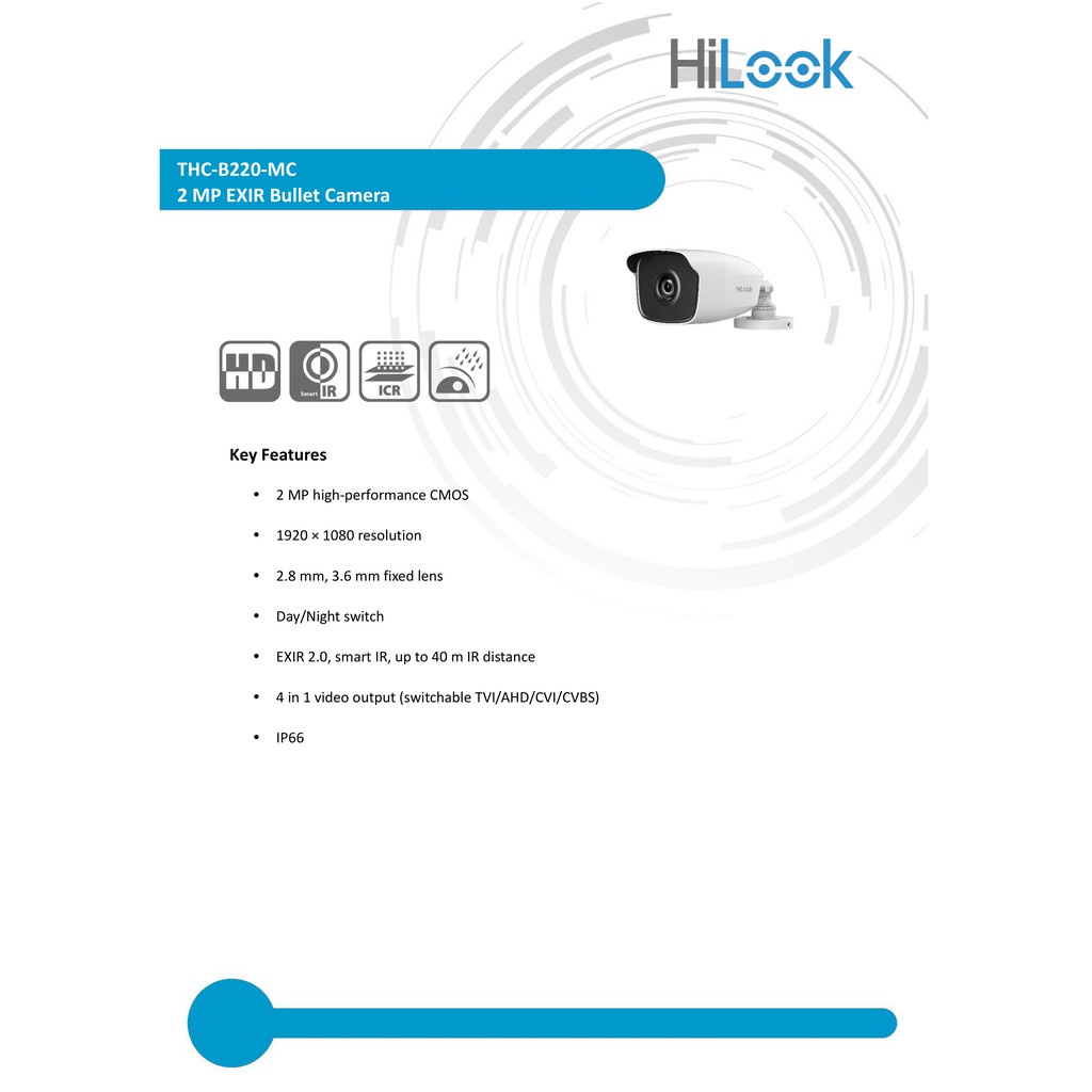 [ประกันศูนย์ไทย 3ปี] HiLook กล้องวงจรปิด 1080P THC-B220-MC (3.6MM,2.8MM) 40mm IR, 4 ระบบ : HDTVI, HDCVI, AHD, ANALOG