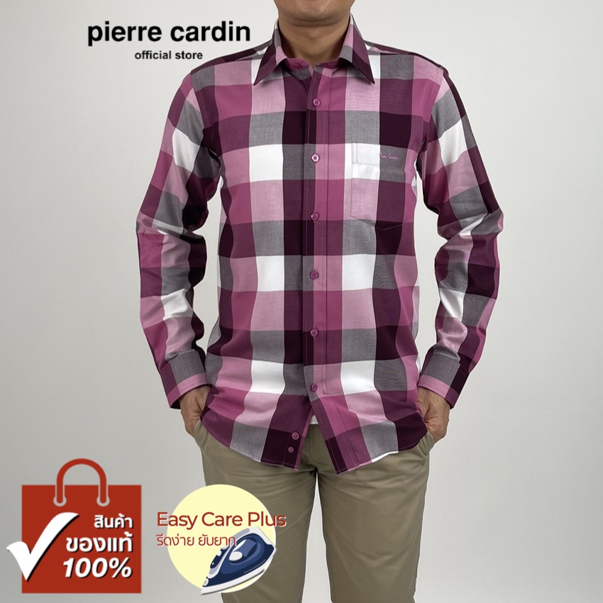 Pierre Cardin เสื้อเชิ้ตแขนยาว Easy Care Plus รีดง่ายยับยาก Slim Fit รุ่นมีกระเป๋า ผ้า Cotton 100% [RCC949F-PI]