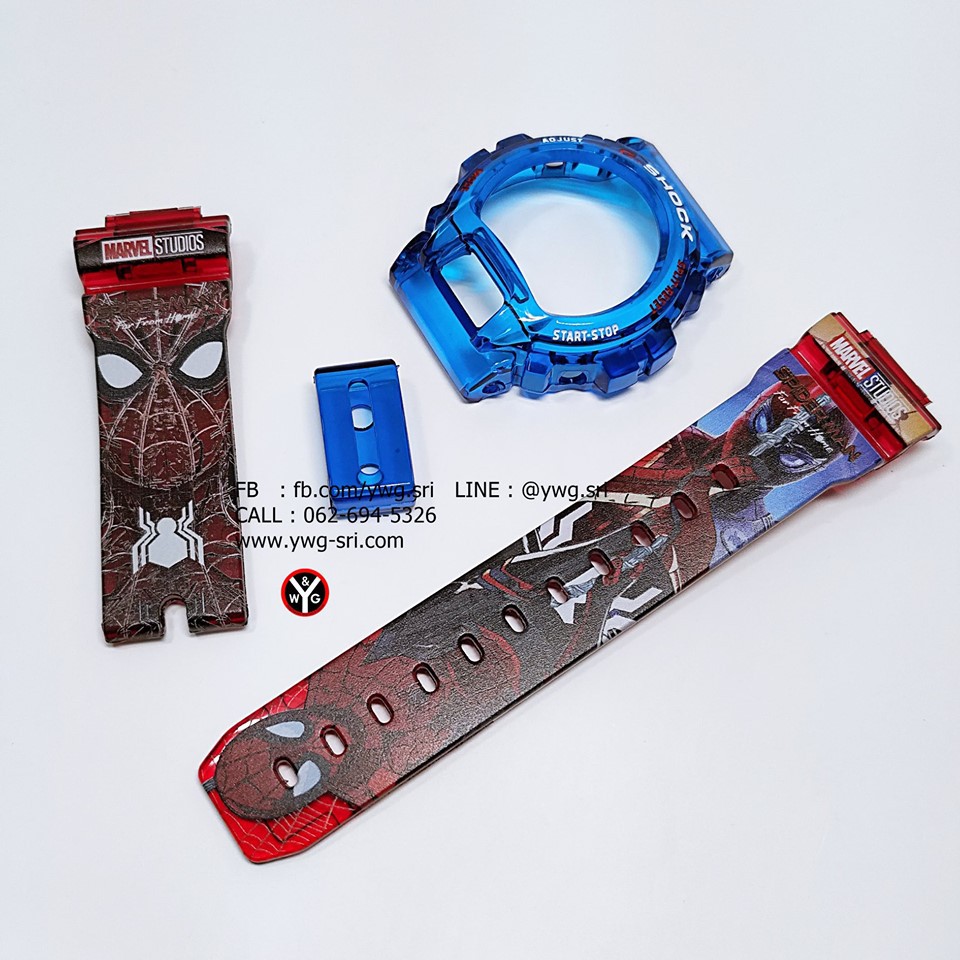 กรอบสาย G-SHOCK ใส่ไม่แท้ กรอบฟ้า สายแดง สกรีนลาย Spider-Man มองได้ 2 ด้าน ใส่ได้รับรุ่น DW-6900 สายนาฬิกาข้อมือ