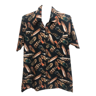 Hawaii เสื้อฮาวาย ลายขนนกน้ำตาล ผ้าไหมอิตาลี H152