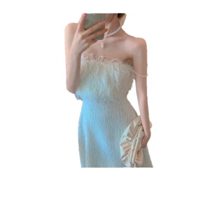 （พร้อมส่งจ้า）ชุดเดรสยาว แบบปาดไหล่ สีขาว สำหรับผู้หญิง กระโปรงผ้าวูลชายหาดเทียม กระโปรงเอวยางยืด สายมุก A-line tweed dress womenSF4016